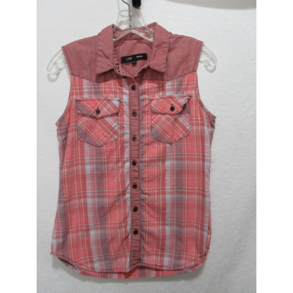 LOB Women's (Junior's) Size 1 Pink Plaid Sleeveless Button Front Shirt‎